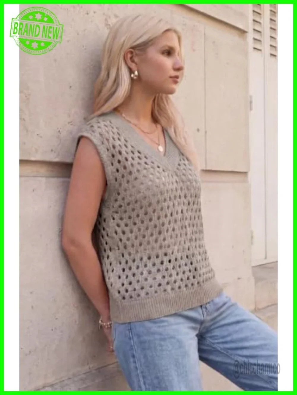 Women's Wool Blend Sleeveless Crochet Sweater Vest - Hollow Out V-Neck Pullover